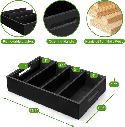 DRASTAR Pantry Organization and Storage Bins, Large Snack Organizer with Removable Dividers, Wooden Storage Caddy for Kitchen, Pantry, Cabinet, Countertop, Black