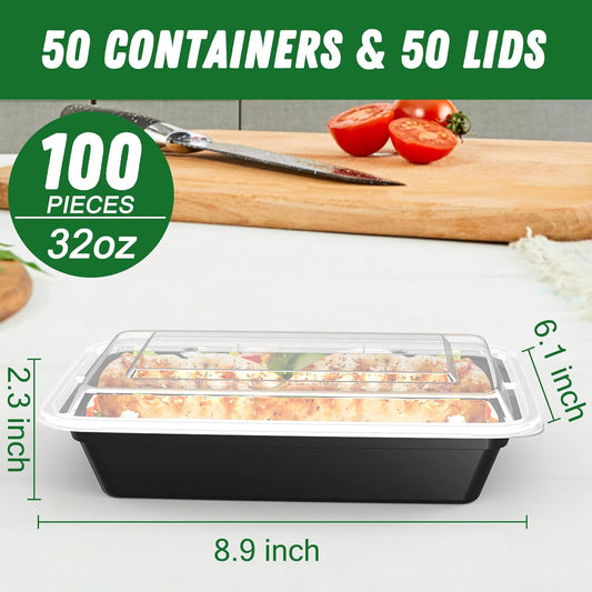 50 Pack (100-Piece) 32 oz Meal Prep Containers Reusable with Easy Open Lids, Sturdy Leakproof Food Safe, Microwave Freezer Dishwasher Safe, To Go Take Out Plastic Food Storage Pans with Lids, Black