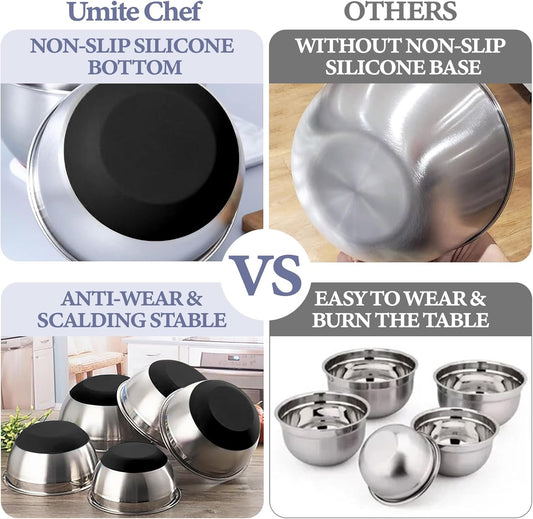 Umite Chef Mixing Bowls with Airtight Lids Set, 8PCS Stainless Steel Nesting Bowls with Grater Attachments, Non-Slip Bottoms, 5, 4, 3.5, 2, 1.5QT for Mixing & Serving