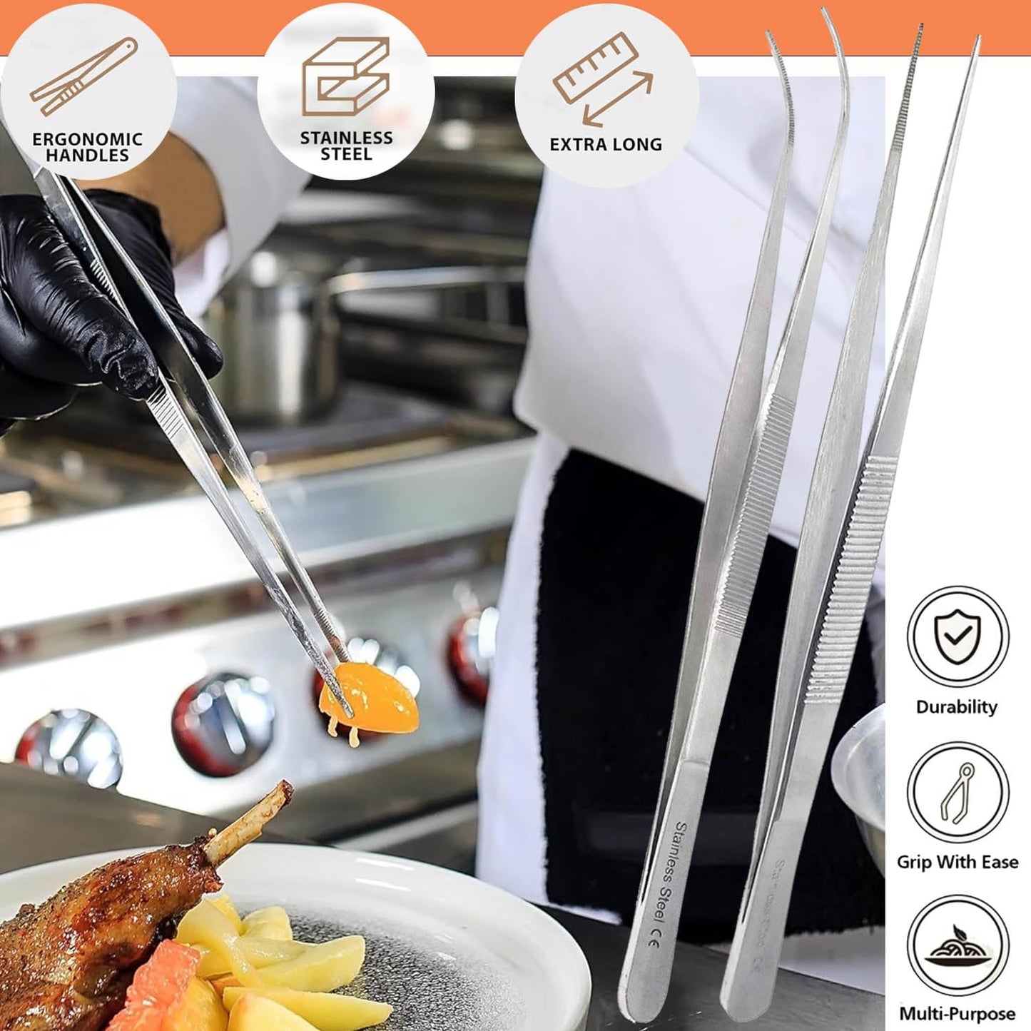 A2Z Cooking Tweezer Straight and Curved Tong Set, Tongs Precision Serrated Tips, Stainless Steel Professional Chef Tweezer Kitchen Tools for BBQ, Plating and Serving (Set of 2-10")