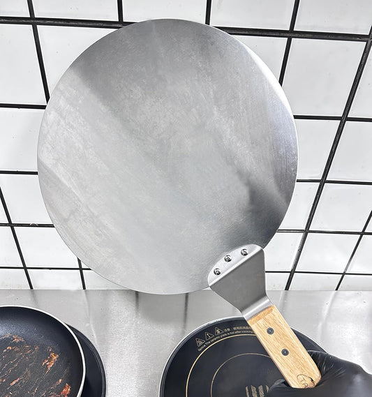 Pizza Peel with Wooden Handle, 12-inch Round Stainless Steel Paddle, Metal Pizza Spatula