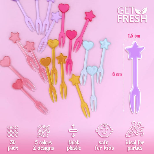 GET FRESH 30 Forks for Kids - Fruit Picks, Bento Box Picks, Reusable Mini Toothpick Sticks, Heart Dessert Forks for Children Party and Lunch Box