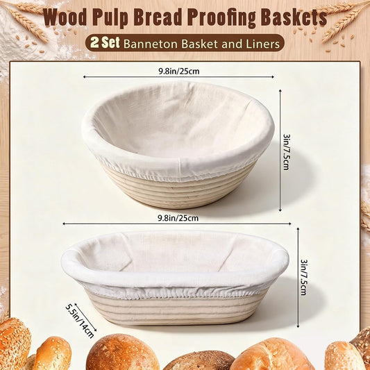 Baderke 2 Pack Banneton Bread Proofing Basket Wood Pulp, Beige, Mixed
