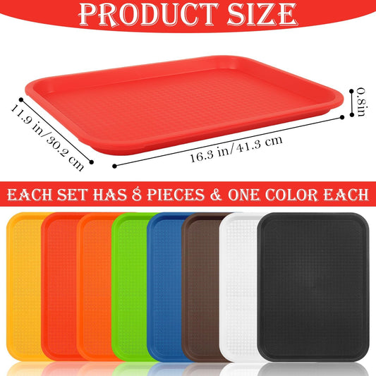Plastic Fast Food Trays, 8 Pack Cafeteria & Restaurant Serving Tray Set for Coffee Table, Kitchen & Party, Multi-Color Reusable Snack Trays for Home, School, Events (11.8x16.3x0.8 Inches)