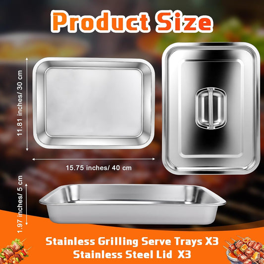 3 Pack Stainless Steel Grill Prep Trays with Lids 15.75" x 11.81" Large Hotel Pans Metal Food Tray Steam Table Pans for Restaurant Commercial Food Containers Supplies(1.97'' Deep)
