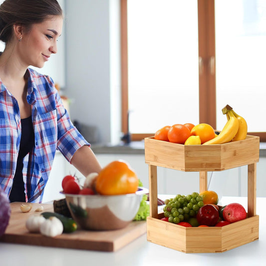Yerliker 2 Tier Bamboo Corner Shelf Kitchen Fruit Cabinet Organizer Bamboo Corner Fruit Basket for Kitchen Countertop Rack Counter Pantry Storage for Vegetables Spice Plate (11 x 11 x 7.5 Inch)