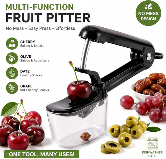 Cherry Pitter Tool with Pit Collector, Stainless Steel Pitting Needle, One-Hand Press, Mess-Free Fruit Pitter for Cherries, Olives & Dates, Kitchen Gadget for Baking
