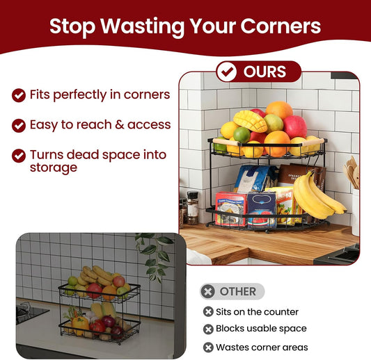 2 Tier Corner Fruit Basket for Kitchen Counter with Banana Hangers, Detachable Fruit Bowl with Wooden Handle, Metal Corner Rack for Fruit and Vegetable Storage, Kitchen Countertop Organizer