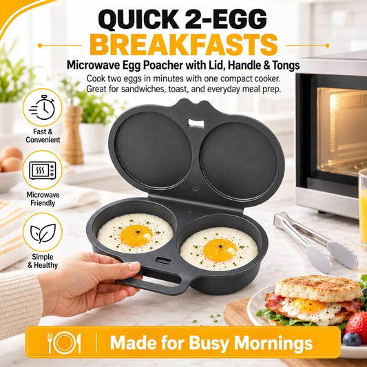 Microwave 2‑Egg Poacher, Non‑Stick Egg Cooker with Lid & Handle & Tongs