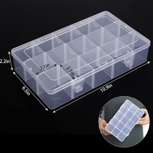 SGHUO 3 Pack 15 Grids Large Plastic Storage Organizer Box,15 Compartments with Dividers for Tackle Box, Beads, Washi Tape, Ribbon, Crafts, Art Supply 10.9X6.5X2.2inch