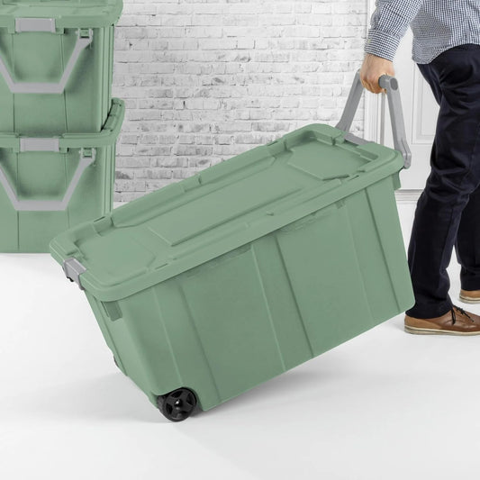 40 Gallon Wheeled Industrial Tote, Rugged Plastic Storage Bin, Latch Lid, Light Green, 2 Count