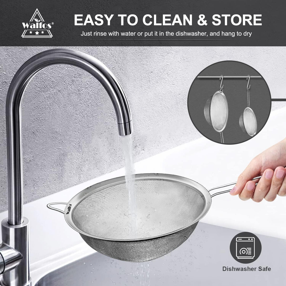 Walfos 6.3 Inch Fine Mesh Strainer, Premium Stainless Steel Sieve and Sifter with Handle, Kitchen Metal Strainers for Rice, Quinoa, Fruits, Noodles, Flour