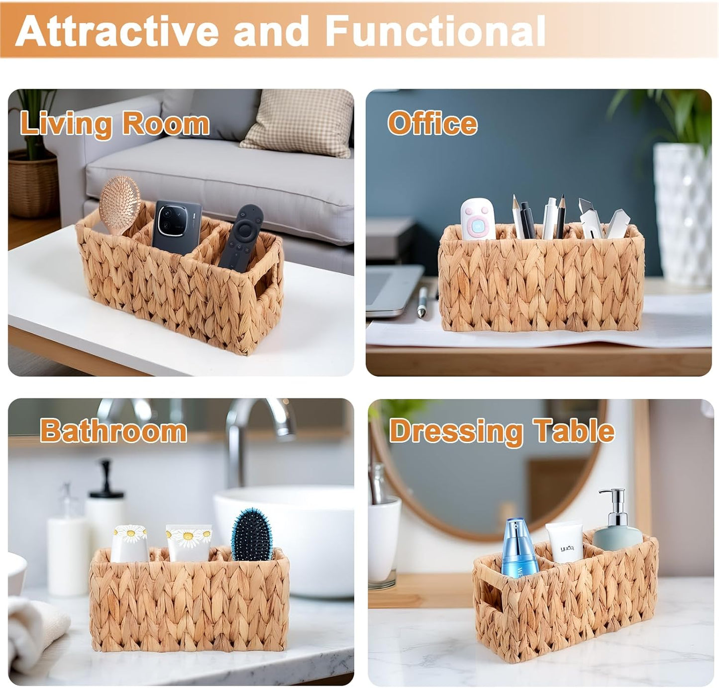 Wicker Party Silverware Caddy, Small Water Hyacinth Plastic Cutlery Utensil Holder, Hand Woven with Handles, Kitchen Countertop and Picnic flatware Organizer