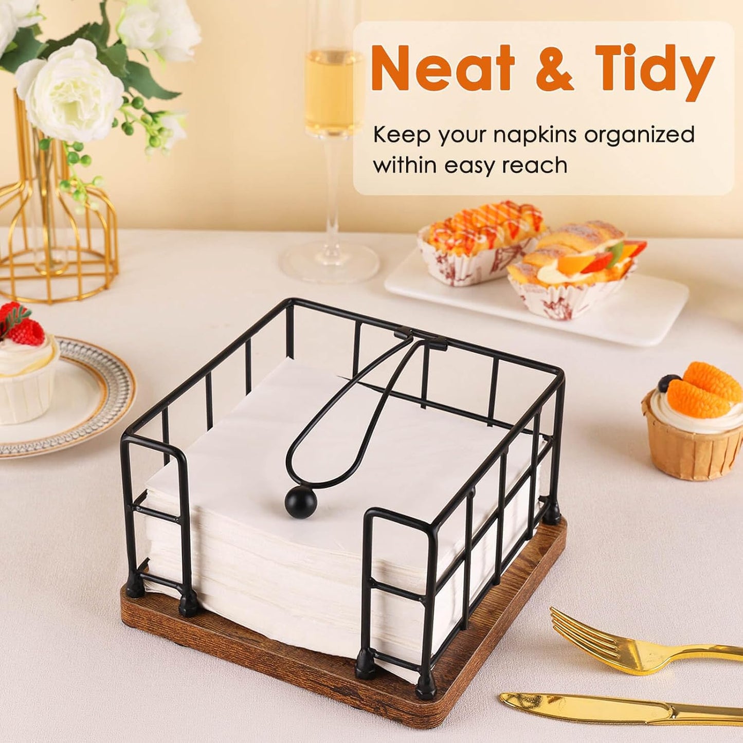 Napkin Holder for Table, Metal Napkin Holder Dispenser with Salt and Pepper Shakers Storage, 3-in-1 Utensil Holder Spice Rack for Kitchen Dining Table Buffet Patio Camping (Black)