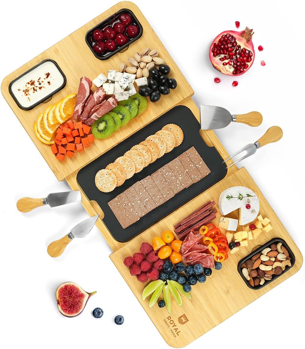 ROYAL CRAFT WOOD Premium Bamboo Charcuterie Board Set - Cheese Platter & Serving Tray & Serving Utensils - Perfect Housewarming Gift, Wedding, Bridal Shower Gift - Ideal for Entertaining and New Home