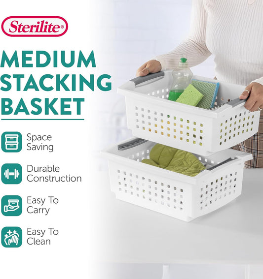 Sterilite Medium Stacking Basket, Plastic Storage Bin to Organize Countertops, Shelves, Closets, Classroom, Bathroom, and Dorm, White with Gray Handles, 4-pack