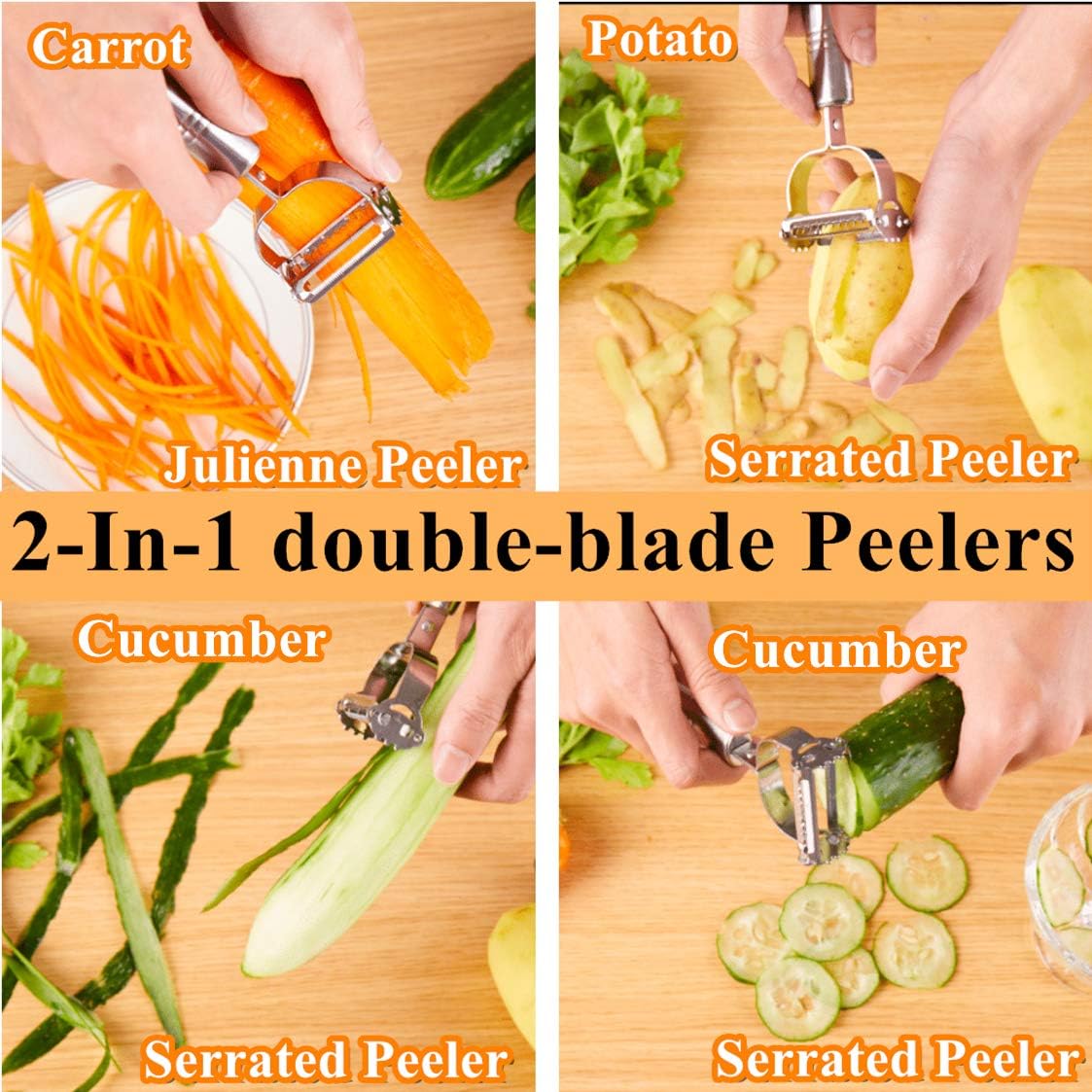 Vegetable Peeler- Fruit Peeler, Potato Peelers for kitchen- Apple Peeler Ultra Sharp, Julienne Slicer+Serrated Peeler 2-Blades Multi-function Carrot Potatoe Cucumber Y Slicer. Gift Box (SILVER)