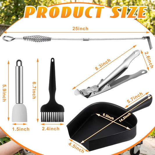 Chengu 5-Piece Charcoal Grill Ash Tool Set with Ash Pan, Poker Rake, Grate Lifter, Scraper & Brush for Charcoal Smoker and Wood Burning Stove, Stainless Steel BBQ Cleaning Kit