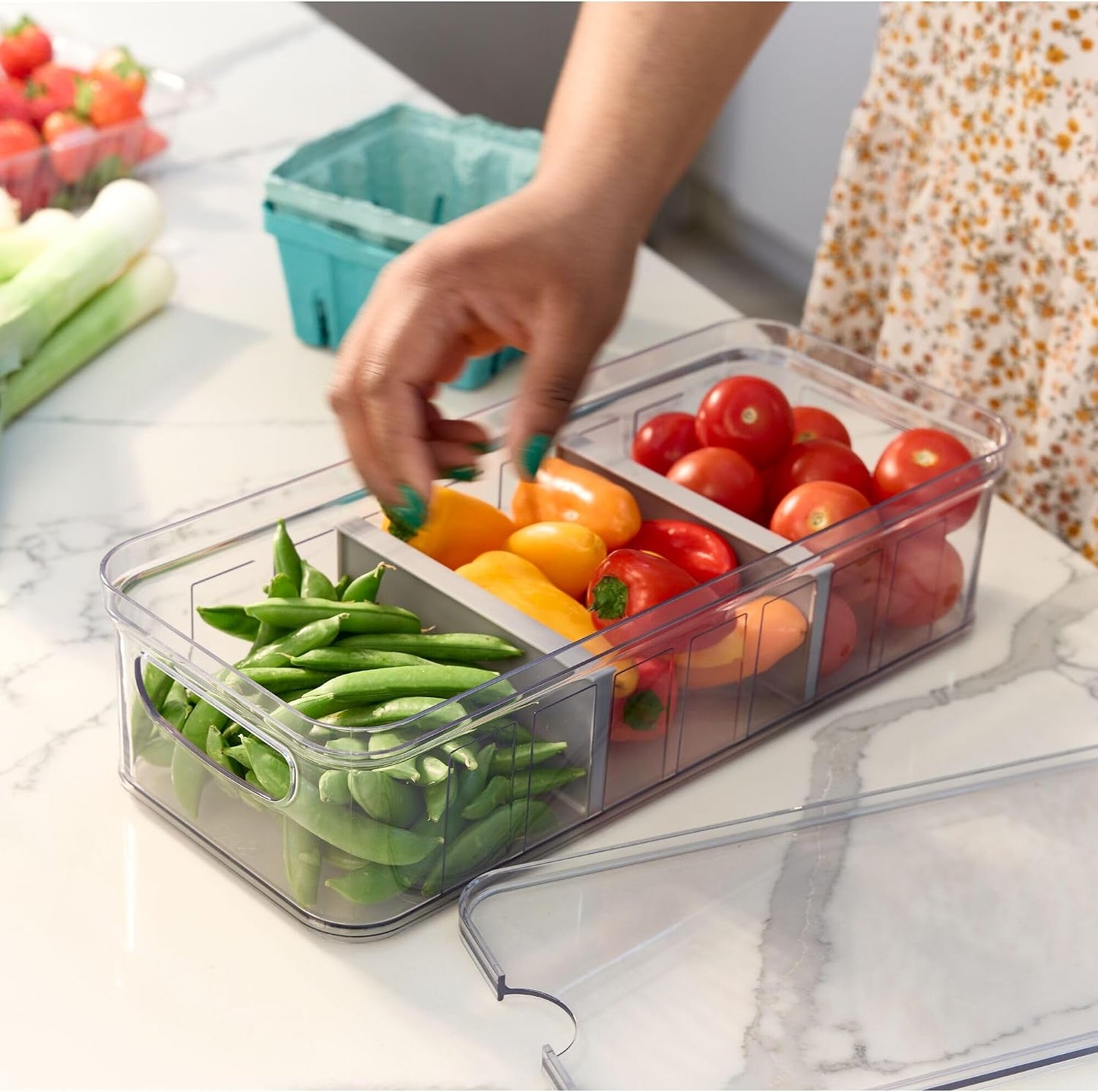 iDesign Recycled Plastic Crisp Large Divided Fruit and Vegetable Storage with Easy to Grip Integrated Handles Designed to Keep Food Fresh Longer, 14. 82" x 6. 32" x 3. 76"