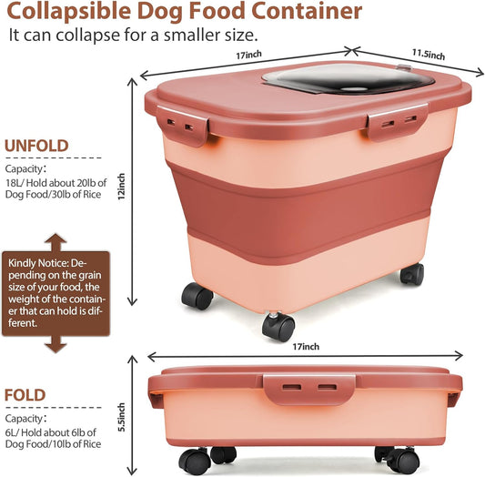 Viretec Dog Food Storage Container, 10-20Lbs Collapsible Pet Food Storage Containers with Rolling Wheel Airtight Locking Lid, Dry Food Storage Bin with Cup and Scoop,Suitable for Pet Food, Rice, Flour