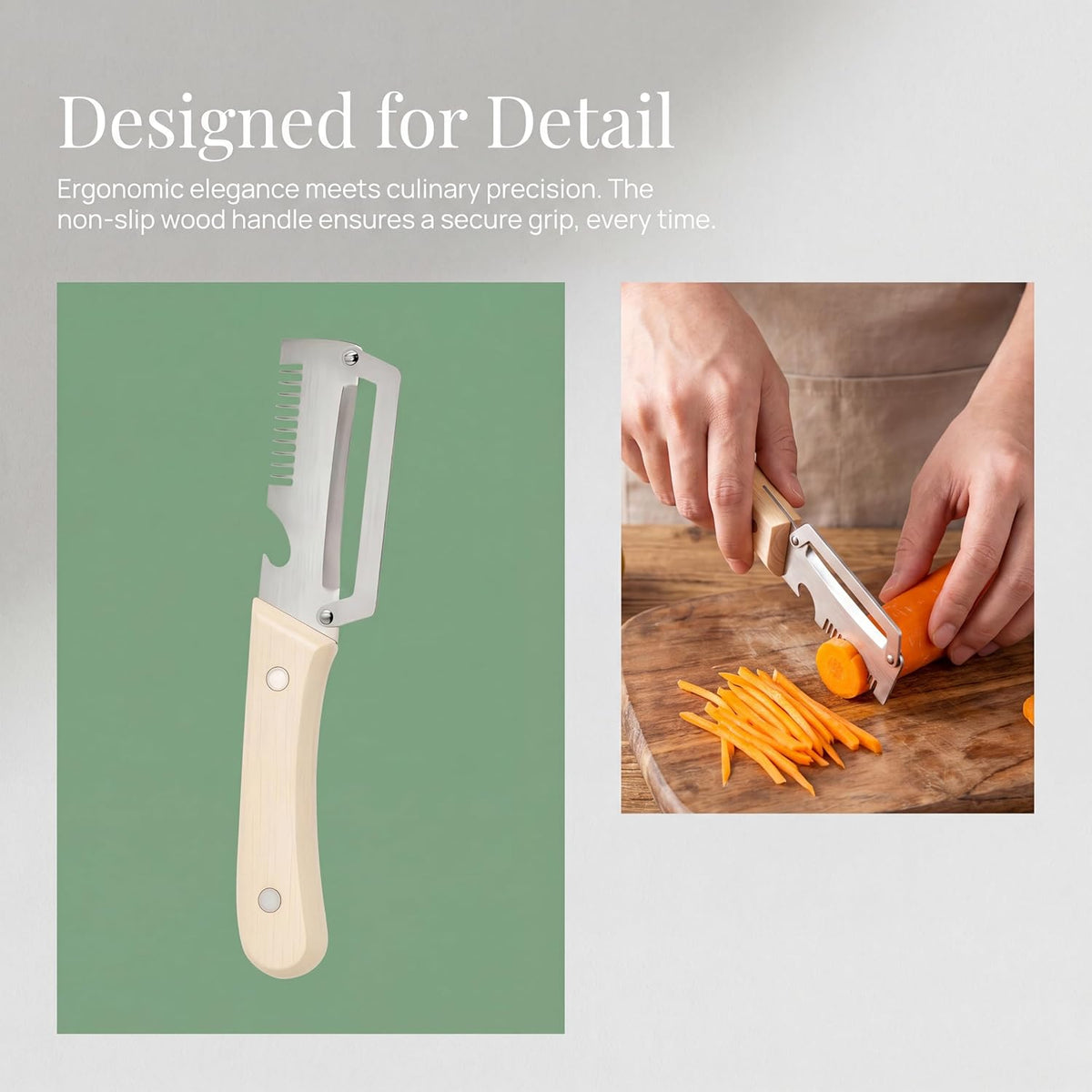 2-Piece Multi-Function Kitchen Peeler Set, 3-in-1 Stainless Steel Peeler with Built-in Bottle Opener and Non-Slip Wooden Handle, for Peeling Pumpkins, Potatoes, and Other Fruits and Vegetables