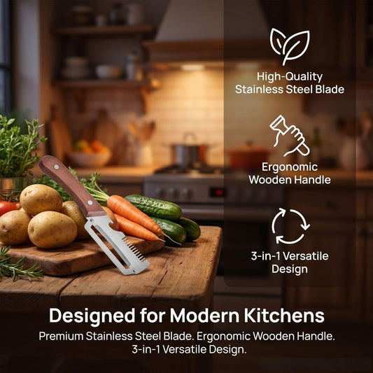 2 Pcs Multifunctional Vegetable Peelers for Kitchen, 3-in-1 Peeler & Bottle Opener & Julienne Peeler, Non-Slip Wooden Handle,Good Sturdy,For Vegetables or Fruits that Need to Be Peeled