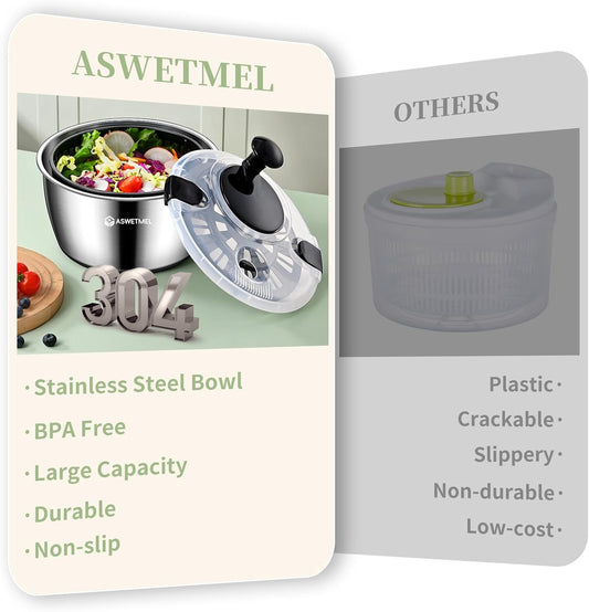 5.3QT Large Stainless Steel Salad Spinner, ASWETMEL Metal Salad Spinner with Locking Lid & Non-Slip Base, Lettuce Spinner for Washing and Drying Fruits Vegetables, Salad Dryer Spinner for Kitchen