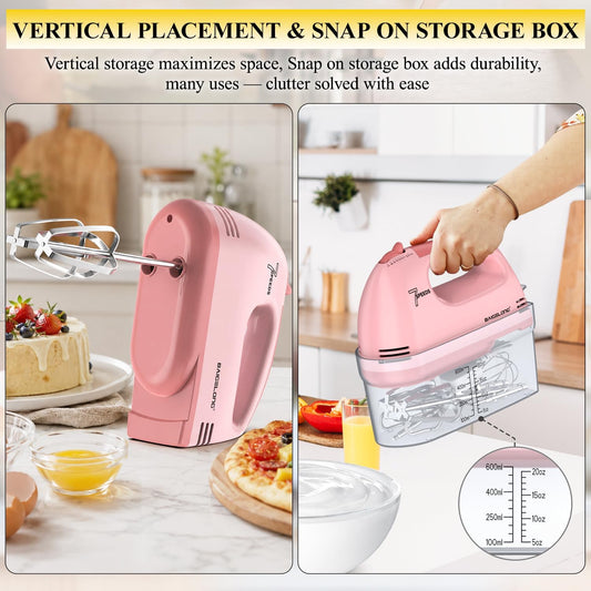 BAIGELONG Hand Mixer. 7-Speed Adjustable Kitchen Electric Mixer. With 5 Stainless Steel Attachments: 2 Hooks, 2 Beaters, 1 Whisk. Comes 1 Storage Box. Perfect for Bakers and New Starters. Pink