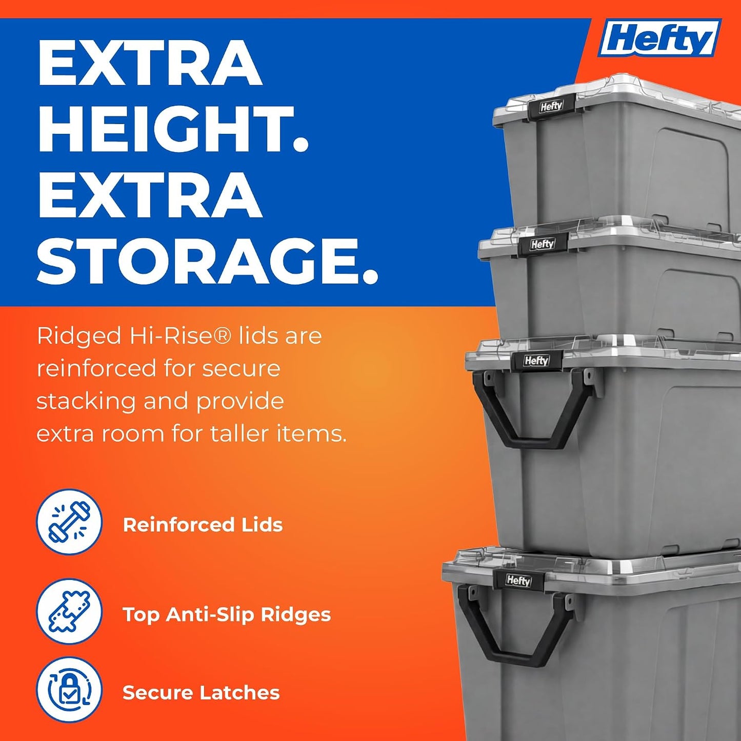 Hefty MAX Pro 12 Gallon Storage Bins with Latching Lids, Heavy Duty Stackable Plastic Storage Containers for Garage, Basement & Outdoor Use, Utility Storage Tote, 6 Pack, Gray