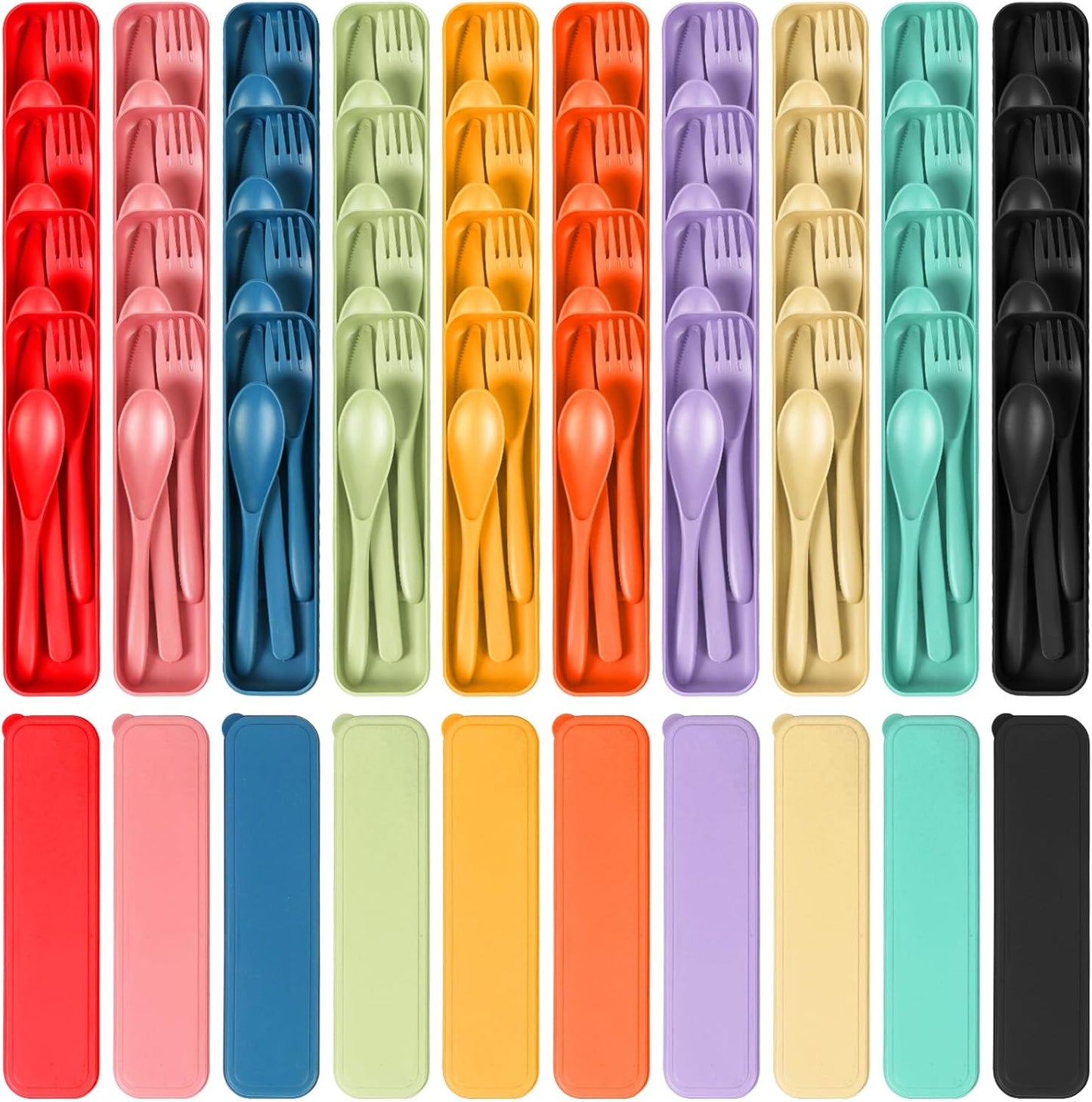 Reusable Travel Utensils Set with Case, 4 Sets Wheat Straw Portable Knife Fork Spoons Tableware, Eco-Friendly BPA Free Cutlery for Kids Adults Picnic Camping Utensils(Green, Beige, Pink, Blue)