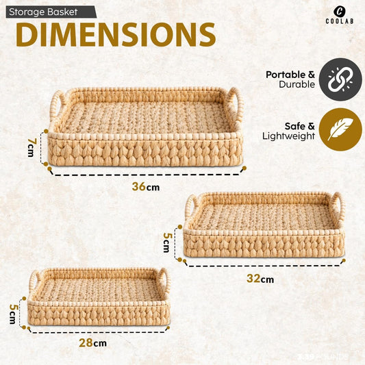 Set of 3 Beaded Hand-Woven Water Hyacinth Storage Baskets – Rectangular Wicker Baskets for Organizing Shelves, Pantry & Home Decor – Eco-Friendly Basket Storage with Sturdy Handles