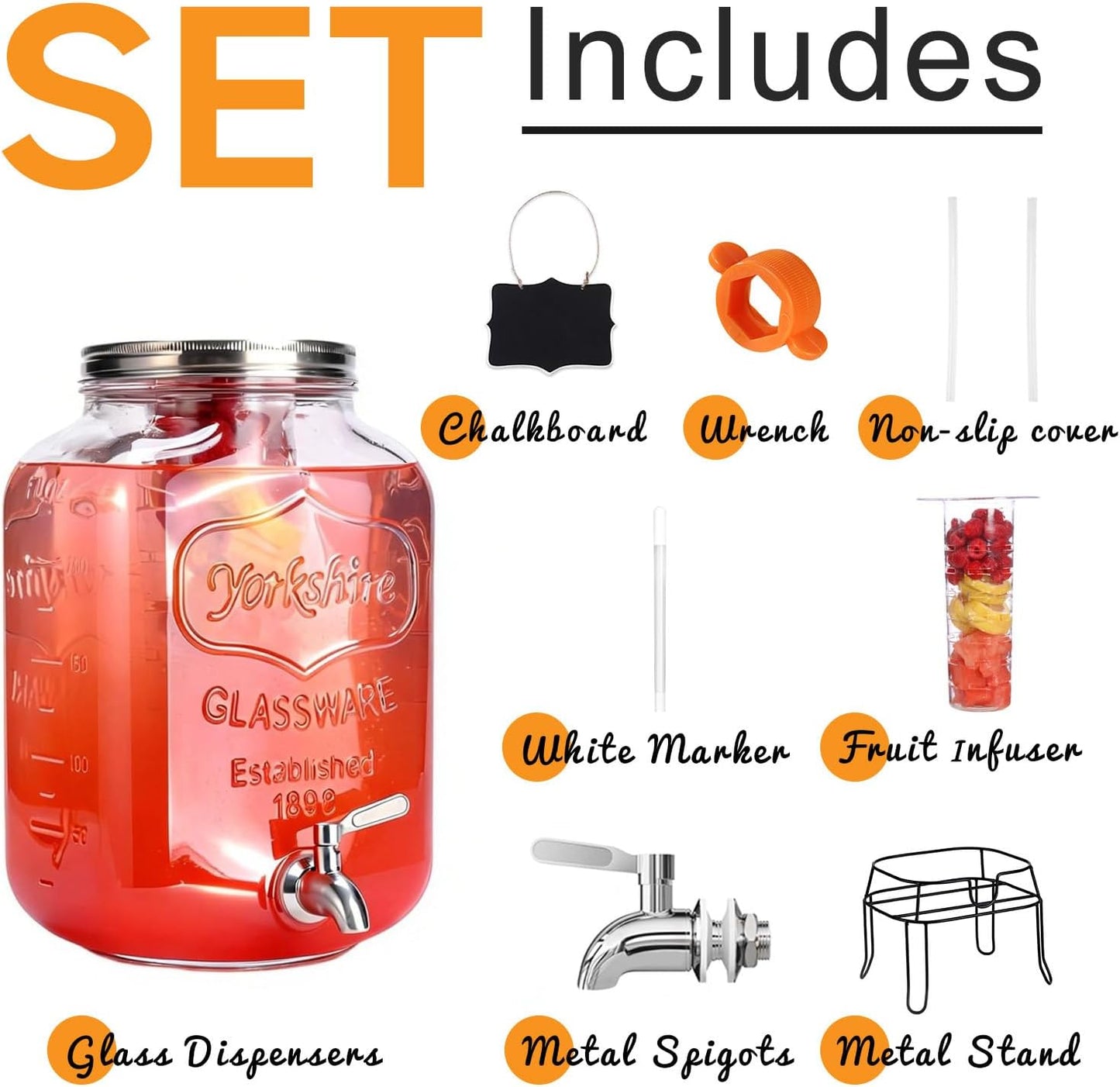 2 Gallon Glass Drink Dispenser,Beverage Dispenser with Stand,Lemonade Dispenser with 304 Stainless Steel Spigot Leakproof for Entertaining Guests, Picnic,Hosting Parties