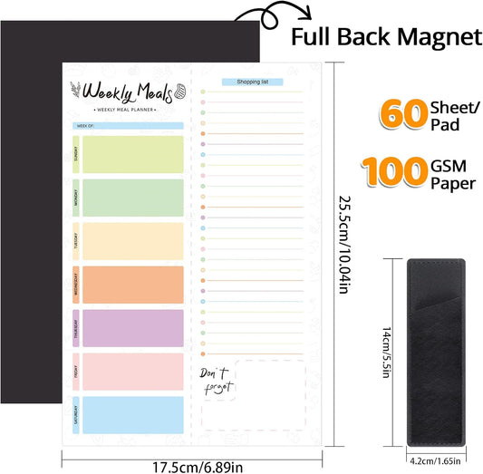 60 Sheet Meal Planner for Fridge, Magnetic Weekly Meal Planner & Grocery List with Tear-off Shopping List for Meal Prep, 7x10''-Flower Design