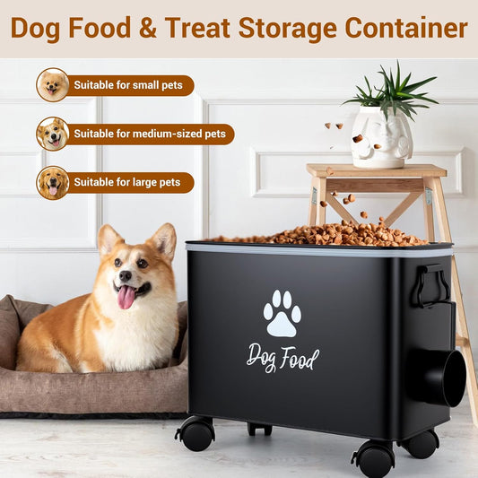 Dog Food Container 13lb, Cute Airtight Pet Food Storage Containers with Metal Lid Scoop, Black Metal Storage Bin for Dog/Cat with Wheels,Easy to Move