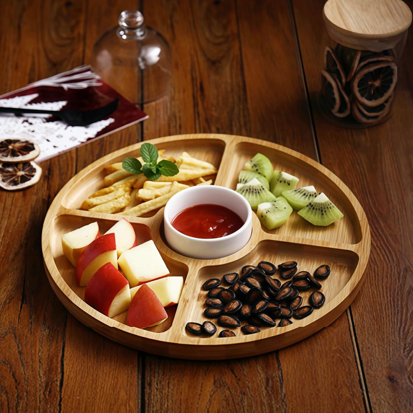 Divided Serving Dish Tray,7.9 in Round Bamboo Serving Trays,Wooden Candy Platters with 5 Compartments,Lazy Snack Trays for Home Decor,Parties, Events (1Pcs)