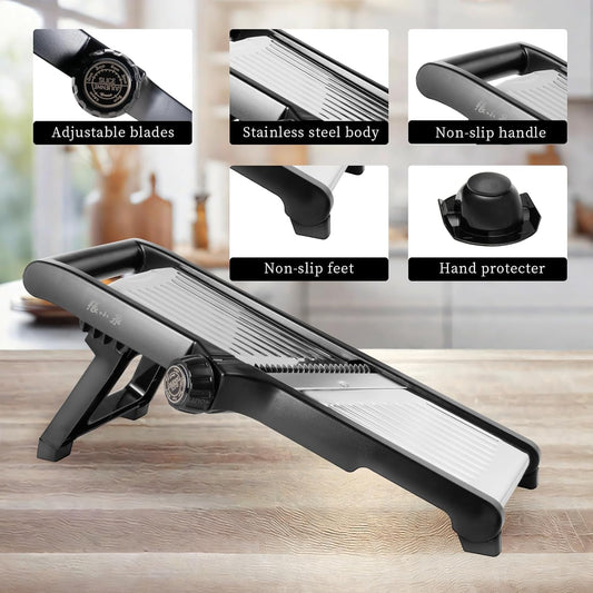 5‑in‑1 Adjustable Mandoline Slicer, Stainless‑Steel Body with ABS Frame