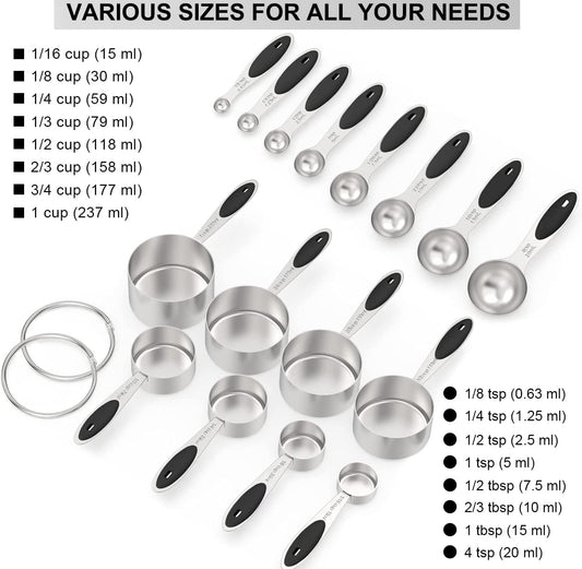 Wildone Stainless Measuring Cups and Spoons Set with Silicone Handle, 16pcs | 8 Measuring Cups and 8 Measuring Spoons, Nesting Design, Heavy Duty for Measuring Dry/Liquid Ingredients, Multicolor