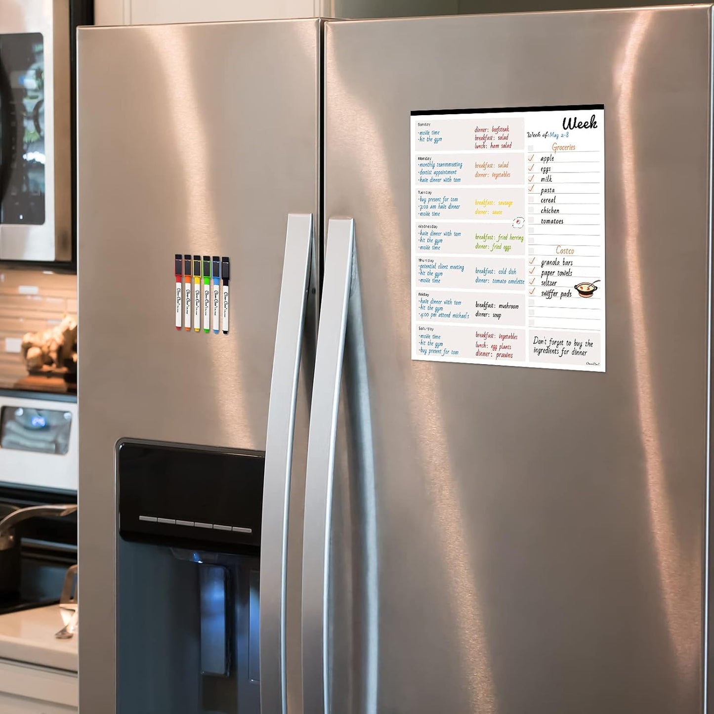 Magnetic Dry Erase Weekly Calendar - 10"x12" Weekly Dry Erase Calendar for Fridge - 6 Extra Fine Point Markers Included - Shipped Flat