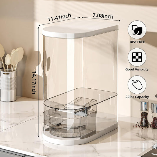 JOYZAN Large Rice Dispenser 22Lbs Clear Rice Storage Container with Measuring Cup and Built-in Fresh Box Cereal Dispenser for Countertop Kitchen Storage