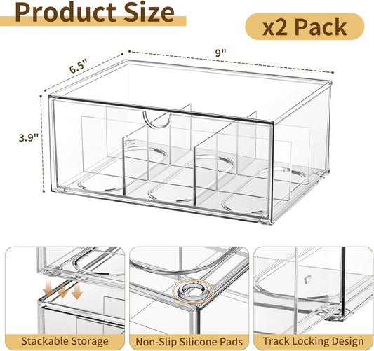 2 Pack Clear Tea Bag Organizer, Stackable Drawer Organizer with Dividers for Pantry Bathroom Vanity Kitchen - Cabinet Countertop Shelf Plastic Storage Bins for Coffee/Makeup/Cosmetic/Crafts/Jewelry