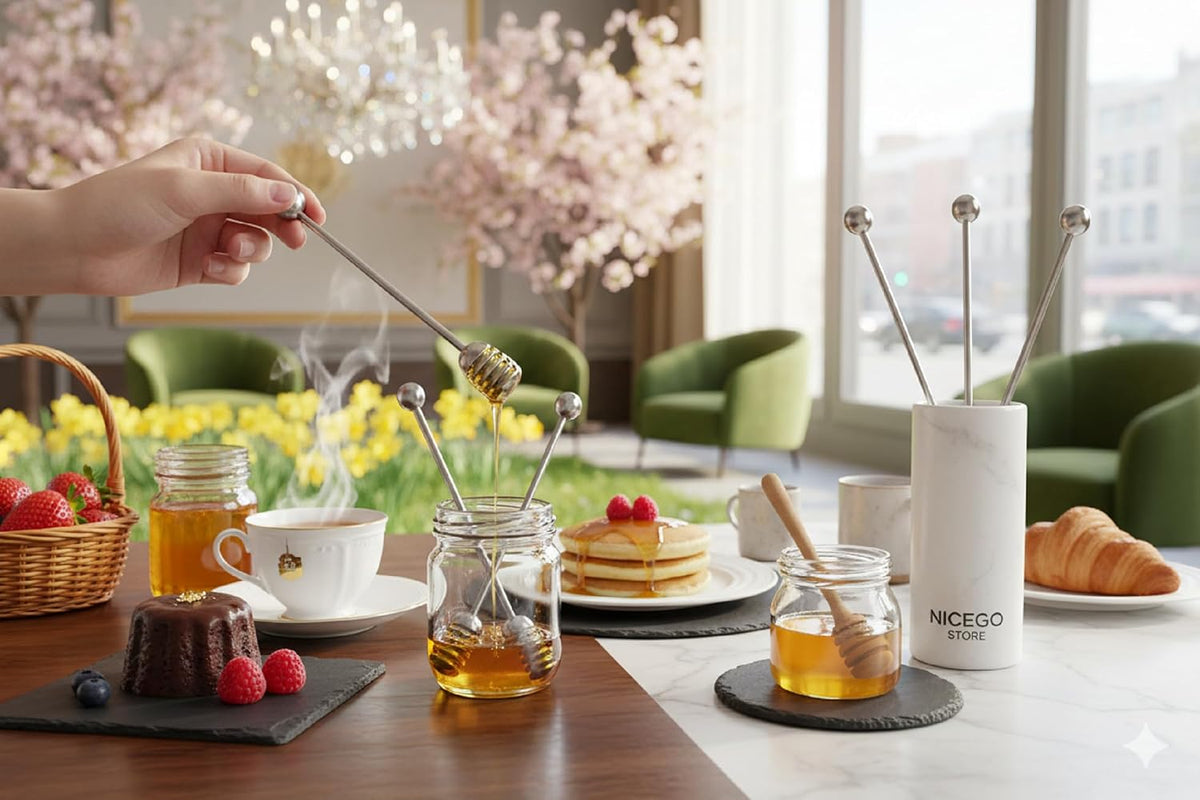 NiceGo Honey Dipper. Premium 304 Stainless Steel Honey Dipper Set, 6.3 Inch Kitchen Stirrer, 2 Pack Deep-Groove Honeycomb Sticks for Syrup, Molasses, and Sauces, Dishwasher Safe. 2 PCS in One Box.