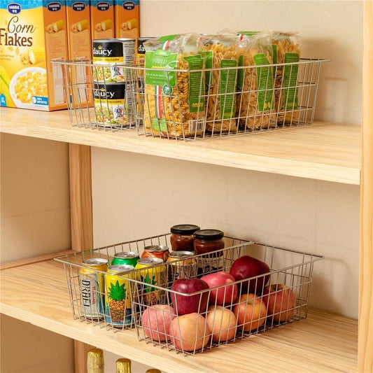 SANNO Freezer Baskets for Storage Pantry Large Metal Wire Food Storage Organizer Bin Basket with Handles - for Kitchen Cabinets, Pantry, Bathroom, Laundry Room, Closets, Garage - Chrome,2 pack