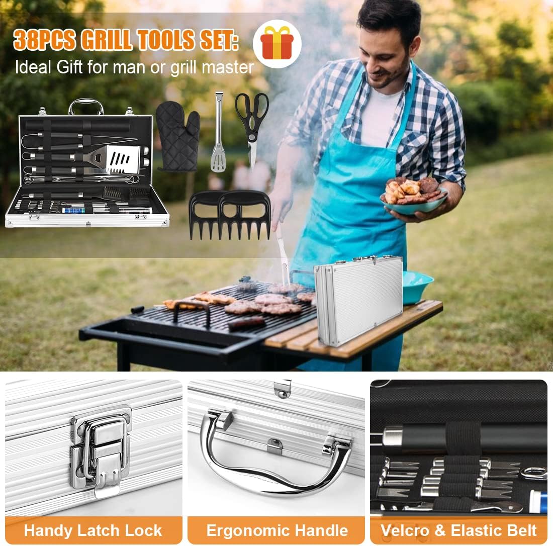 Cifaisi BBQ Grill Accessories Set, 38Pcs Stainless Steel Grill Tools Grilling Accessories with Aluminum Case, Thermometer, Grill Mats for Camping/Backyard Barbecue, Grill Set for Men Women