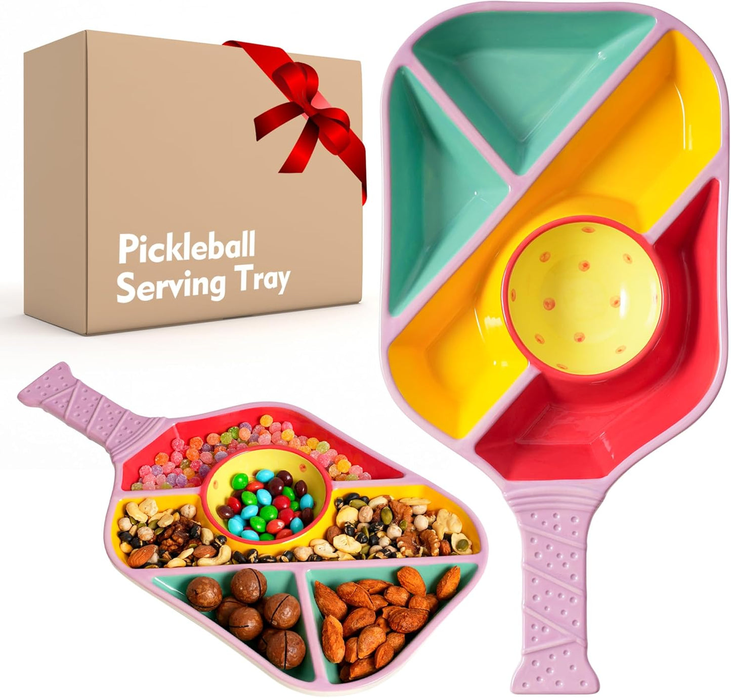 Pickleball Snack Serving Tray - Ceramic Bat Shaped Snack Platter with 5 Compartments & Dip Bowl - Fun Gift for Man & Women, Parties, Father's Day & Pickleball Accessories(Pink)