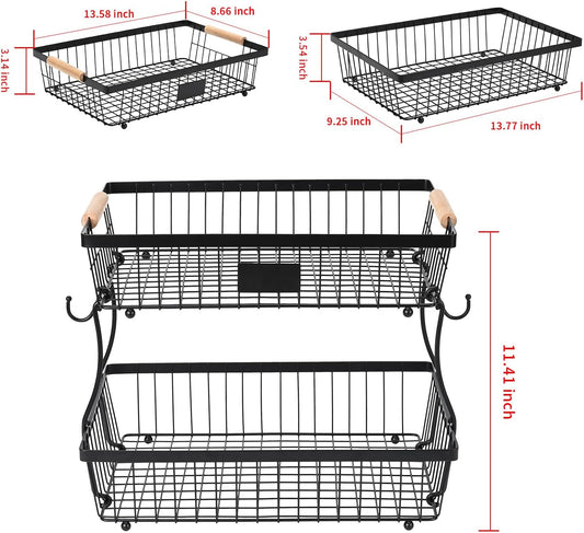 Fruit Basket Bowl 2 Tier Detachable with 2 Banana Hangers, Fruit Stand Holder for Kitchen Countertop, Metal Wire Vegetable Storage Organizer, for Bread Snack Veggies Produce, Black