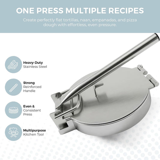 Alpha Living Large Stainless Steel Tortilla Press - Heavy Duty Round Tortilla Maker with Reinforced Handle Base - Manual Dough Press for Flour Tortillas, Naan, Empanadas, Flatbread, Pizza Dough