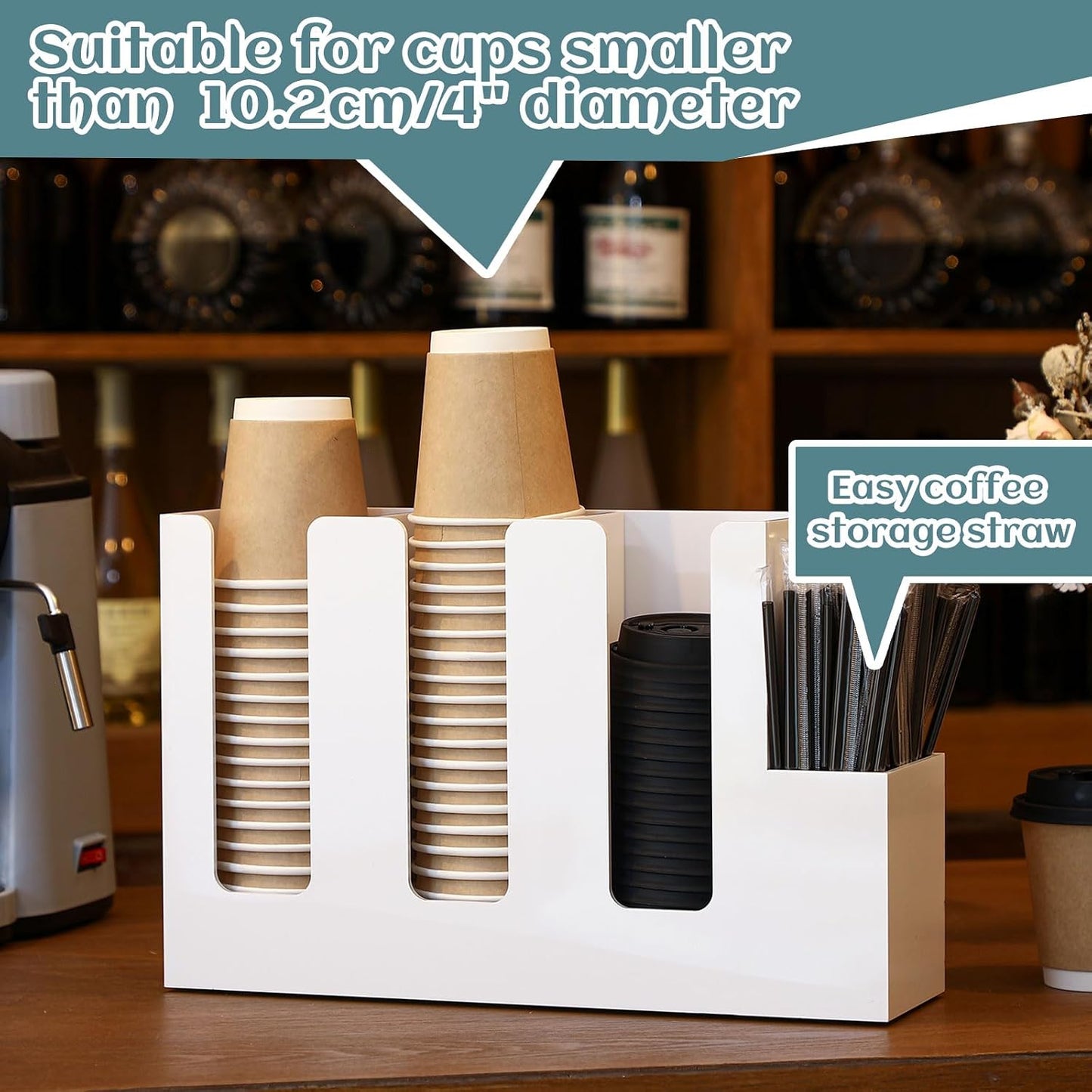 Cunhill 4 Compartments Acrylic Coffee Cup and Lid Storage Organizer Holder Disposable Paper Cup Dispenser Organizer Plastic Lid Holder Accessories for Kitchen Bar Shop Party Supplies(Transparent)
