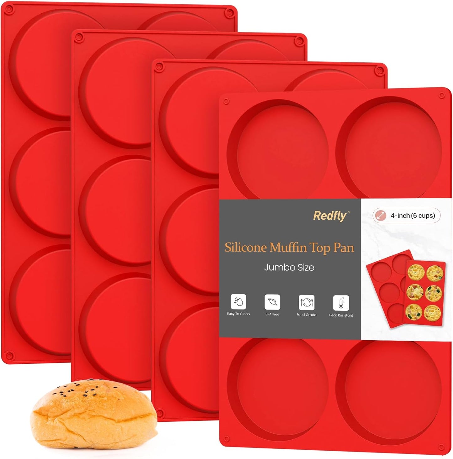 Redfly Silicone Egg Molds for Breakfast Sandwiches 2 Pcs, Non Stick 3 Inch Egg Bites Baking Pans, Silicone Muffin Pans for Baking, Round Muffin Top Pan for Whoopie Pie Pan, Tarts, Quiche