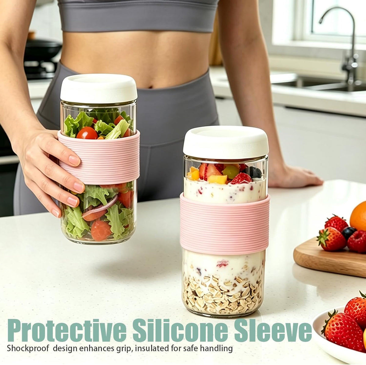 16 oz (6 Pack) Overnight Oats Containers with Airtight Lids and Silicone Sleeves, Leakproof Glass Meal Prep Containers, Wide Mouth Cookie Jars for Yogurt Chia Salad Smoothies Snacks