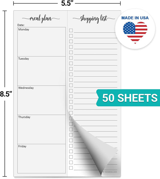 321done Magnetic Weekly Meal Plan Shopping Checklist Notepad - Tear-Off 50 Sheets, 5.5x8.5 - Undated, Sunday to Saturday To-Do List Planner, Schedule Weekly Desk Pad, Weekday Planning Notepad - Made in USA